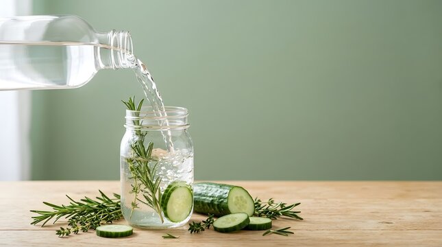 Fresh cucumber and rosemary infused water being poured into a mason jar