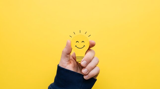 Hand holding happy smiley lightbulb idea concept on yellow background