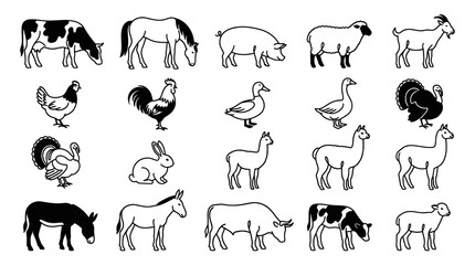 Naklejka premium Farm Animals Black and White Line Art Vector Set