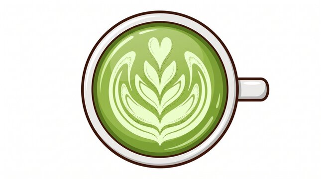 Top view of matcha green tea latte cup with heart art flat vector illustration