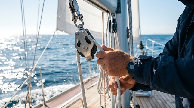 Sailor adjusting rope on sailboat deck with ocean in background