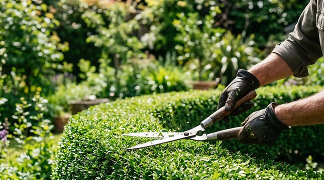 Gardener trims a lush green hedge with shears in a sunlit garden