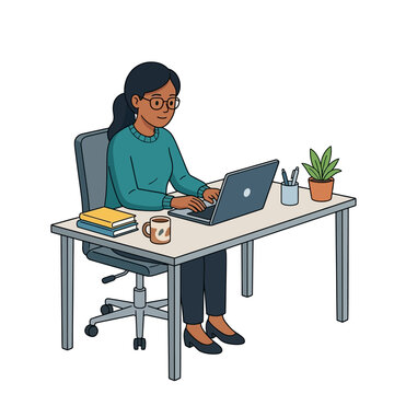 Professional woman working at desk with laptop and office supplies, flat vector illustration