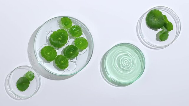 Top view of water droplets falling into a Petri dish, surrounded by fresh gotu kola leaves arranged in separate glass dishes.