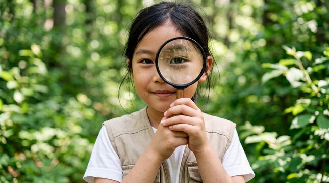 Curious asian girl looking through magnifying glass in the green woods on a nature exploration trip. Young explorer discovering wildlife and environment in summer park.