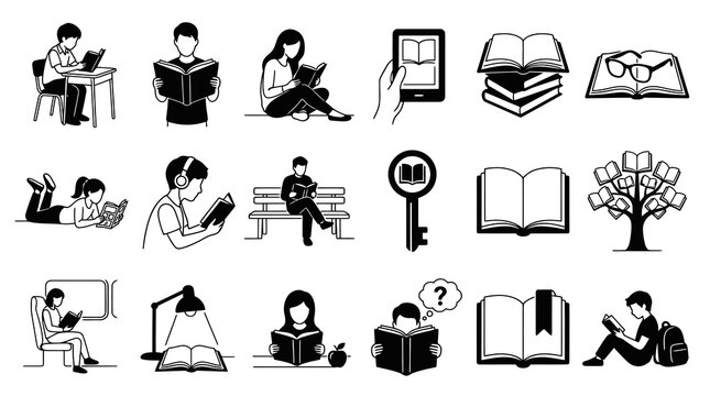Black and White Line Art Reading and Education Icons. Books, Readers and Knowledge Symbols Set.