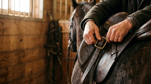 Man adjusting leather saddle on horse in rustic stable with dust motes in sunlight