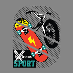 Fototapeta premium Skateboard and bicycle arranged together with extreme sport text label. Sport concept