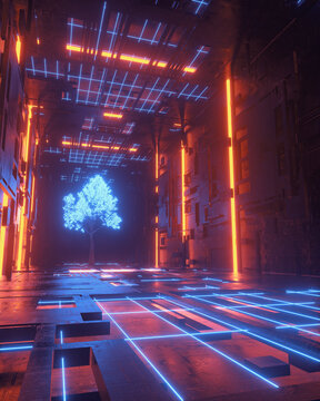 Glowing Holographic Tree in Futuristic Cyberpunk Corridor