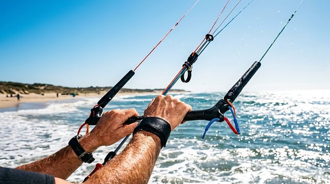 Kite surfer holding control bar with hands on a sunny day at the beach