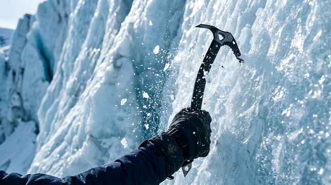 Climber Grips Ice Axe into Frozen Glacier Wall During Ascent