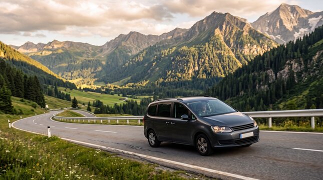 Modern car driving along a scenic alpine road through mountain valley on a summer road trip. Traveler enjoying nature exploration and freedom during a scenic drive through the high pass.