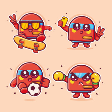 Cute red air purifier mascot cartoon vector illustration set, featuring skateboarding, taking selfie, football, and boxing.
