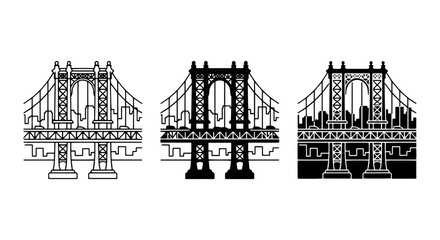 Obraz premium Brooklyn Bridge Vector Icons, Cityscape Silhouette, Architectural Landmark Graphics