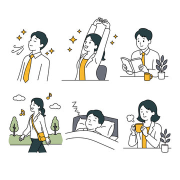 リラックス・セルフケア人物イラストセット 深呼吸・読書・睡眠