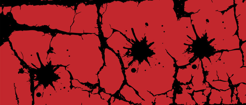 Red cracked surface creates a dramatic distressed texture. Black impact marks spread across a vivid crimson background. This grunge pattern adds intensity to horror and damage bold.