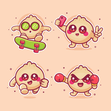 Cute dim sum dumpling mascot cartoon vector illustration set, featuring skateboarding, boxing, running, and taking selfie.