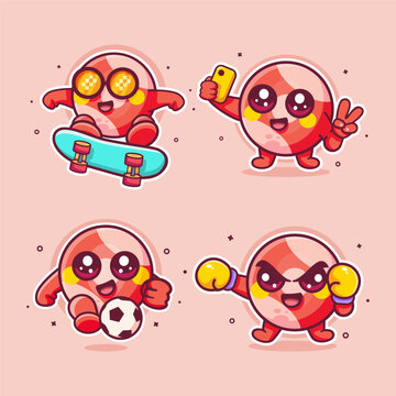 Cute red billiard ball mascot cartoon vector illustration set, featuring skateboarding, selfie, soccer, and boxing.