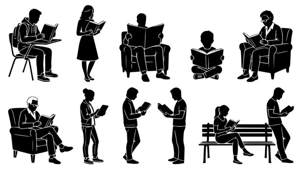 Different People Reading Black Silhouette Vector Collection with Students, Adults, Children, Elderly Readers, Books, Newspapers and Tablets