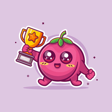 Cheerful peach mascot holding golden winner trophy cartoon illustration. Victory, champion, success, and achievement concept.