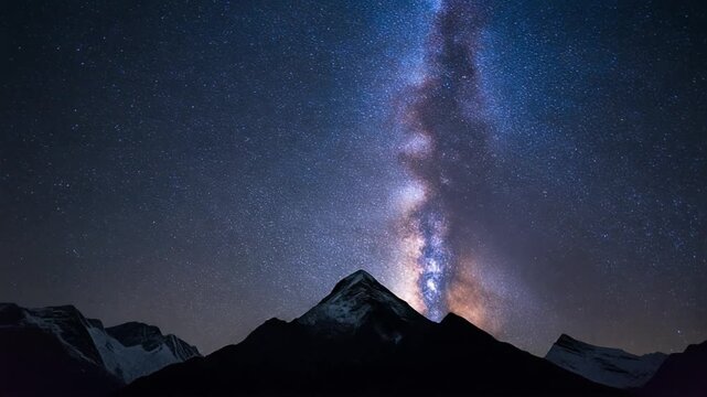 Starry milky way galaxy rising over snowy mount everest peak