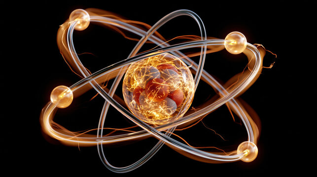 Ultra realistic closeup electron orbit atom glowing sphere black background