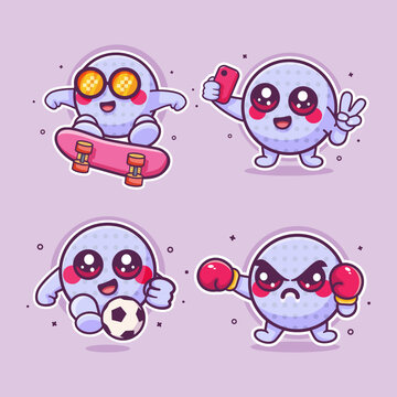 Funny white golf ball mascot cartoon vector illustration set, featuring skateboarding, selfie, football, and boxing.