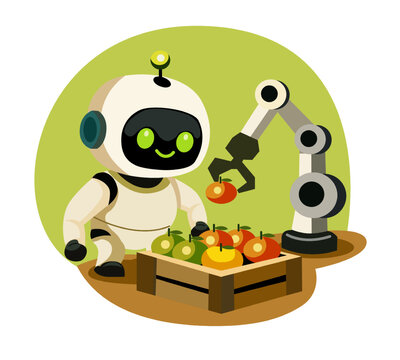 AI Robot Harvesting Fresh Vegetables with Robotic Arm Smart Agriculture Vector Illustration