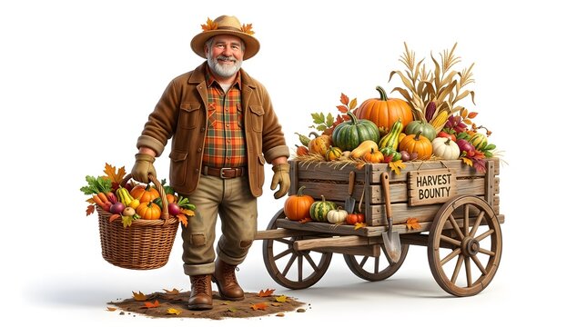 Vintage farmer with a cart full of autumn harvest produce and pumpkins