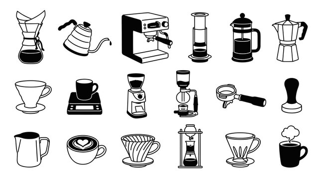 Black and White Line Art Icons of Coffee Making Equipment