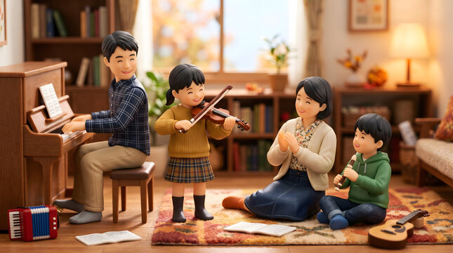 リビングで合奏や音楽を楽しむ家族の3D風イラスト 芸術の秋と文化の日
