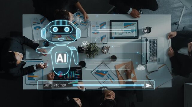 A dynamic business meeting environment showcasing AI technology and collaborative tools. Participants engage in discussion while utilizing data visualization and digital resources. Raster