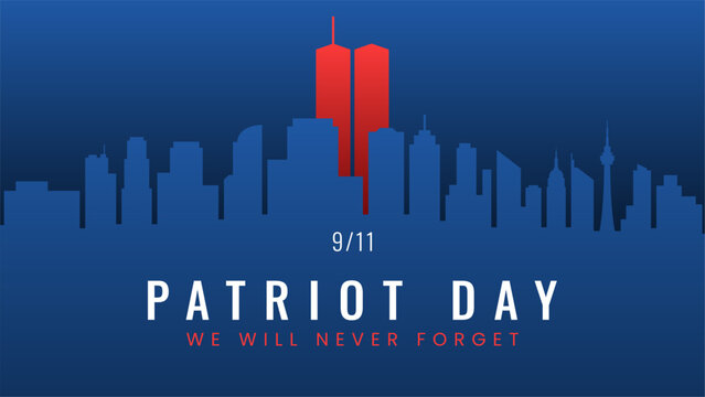 Patriot Day Background Vector Illustration with Twin Towers and NYC Skyline for September 11 Memorial. September 11 Patriot Day Banner Design Template with Twin Towers Silhouette for USA Remembrance.