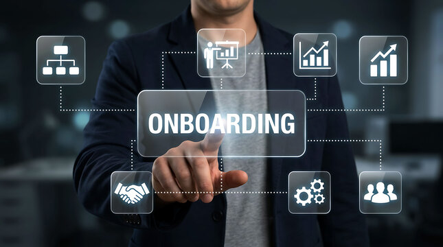 Businessman touching onboarding virtual button on digital interface screen