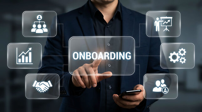 Businessman touching onboarding virtual interface screen with icons