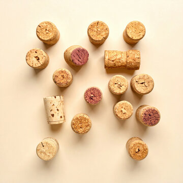 Cork stopper collection, natural texture and red wine residue arranged on cream background with soft shadow, symbolizing wine storage, recycling, craft, and celebration