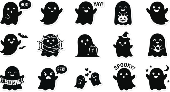 Cute Halloween Ghost Sticker Collection with Boo, Treats, Bats and Spider Web