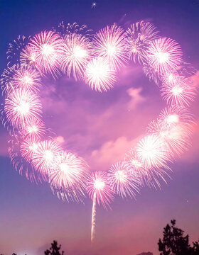 Heart fireworks display glowing above dark tree silhouette in pink twilight sky, creating romantic celebration scene filled with wonder and joy