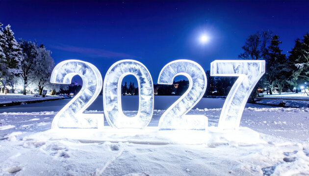 Illuminated 2027 ice sculpture glowing beneath full moon in snowy park