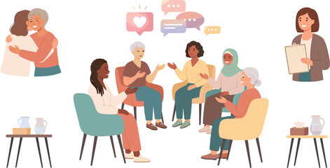Fototapeta premium Group Therapy Support Meeting Vector Illustration Featuring Diverse Women Sitting in a Discussion Circle with Speech Bubbles Therapist Counseling and Comforting Hug Elements