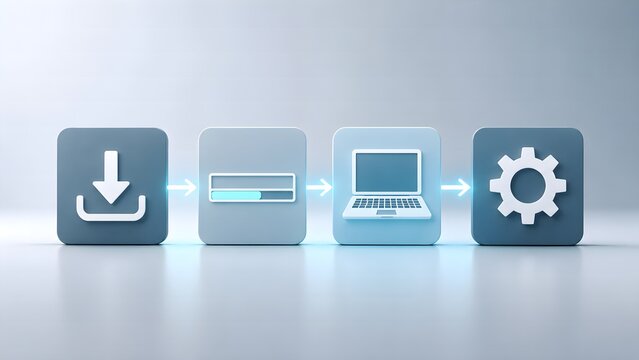 System update workflow with 3d icons showing download progress bar and installation settings on clean minimal white background