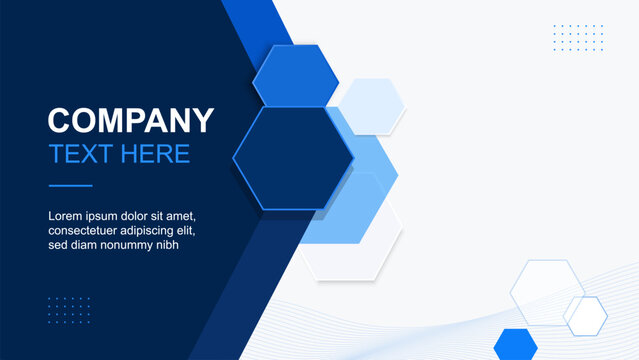 Corporate blue presentation banner template with geometric hexagons, navy panel, white copyspace, layered polygons, dotted accents, flowing line waves, and bold modern typography