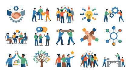 Fototapeta premium Teamwork and Collaboration Icons: Business Meeting, Success, Ideas, Synergy