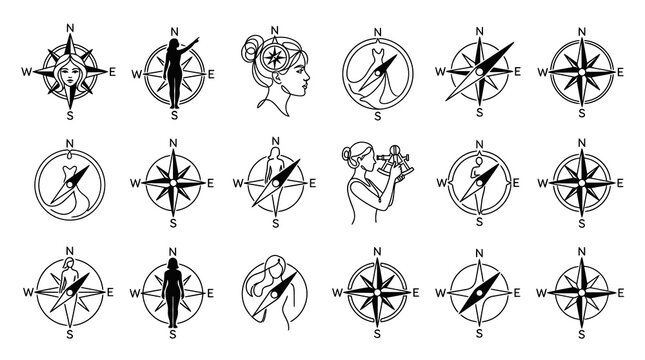 Black  White Line Art Compass Icons Featuring Women, Animals, and Navigation Symbols