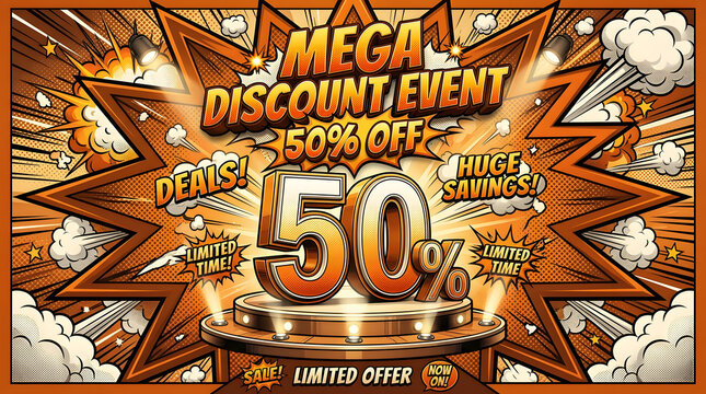Vibrant mega discount sale banner showcasing fifty percent off limited time offer with explosive graphic elements emphasize urgency savings promotional banner
