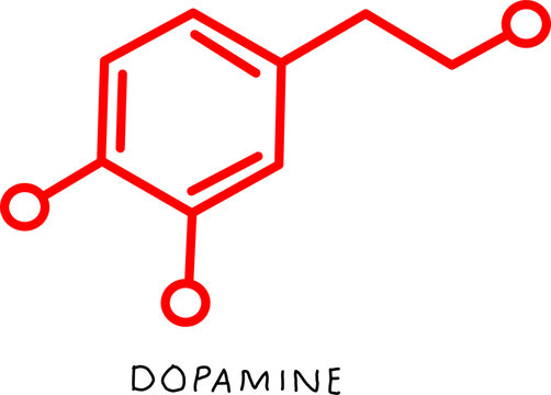 Dopamine chemical molecular structure in red vector outline with text. Brain neurotransmitter science formula for biology educational illustration.