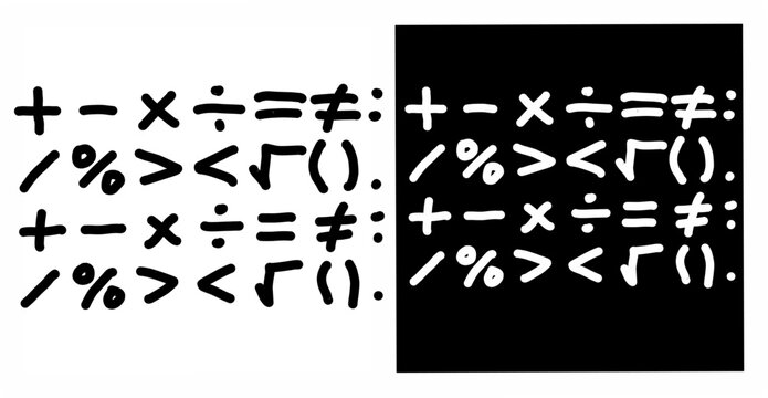 Hand-drawn basic math symbols icon set in black and white. Plus, minus, multiply, divide, arithmetic signs for school educational vector illustration.
