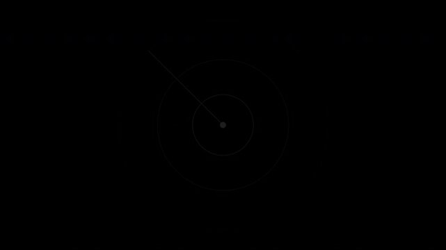 Black sonar ping with expanding rings and rotating sweep, radar scan loop, transparent background