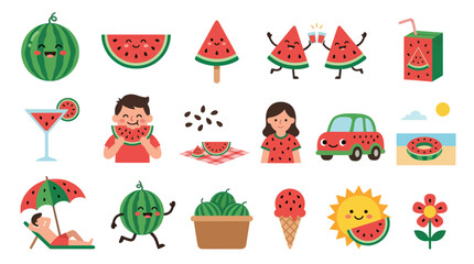 Fototapeta premium Flat Cartoon Summer Watermelon Icon Set. Cute Fruit and Vacation Elements for Seasonal Design and Food Concepts.
