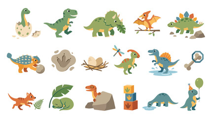 Obraz premium Cute Cartoon Dinosaurs and Baby Reptiles Flat Vector Icons